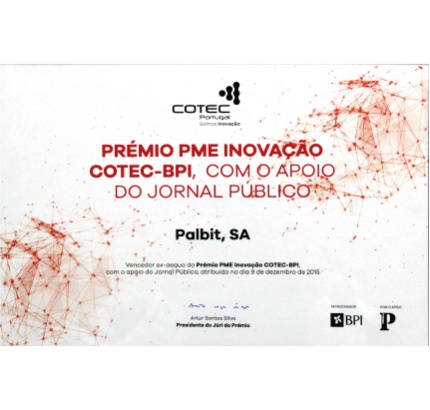 COTEC Innovation Award certificate presented to Palbit in recognition of innovation and technological excellence in Portugal.